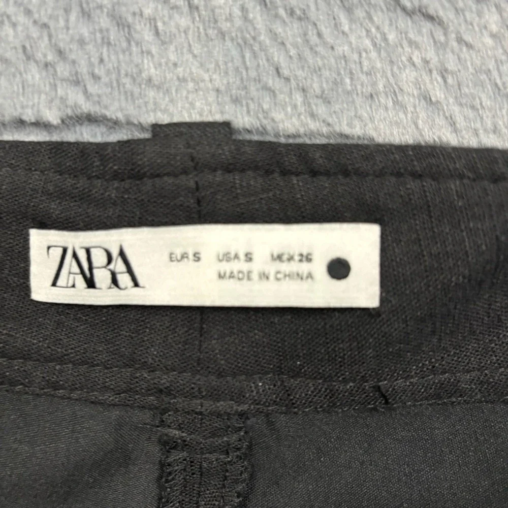 Zara Womens Black Embroidered Linen Blend Wide Leg Pants High Waist Small 26